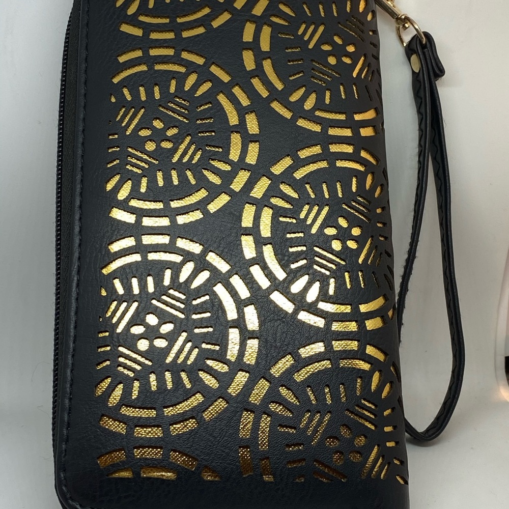 Black and Gold Laser Cutout Clutch Wristlet